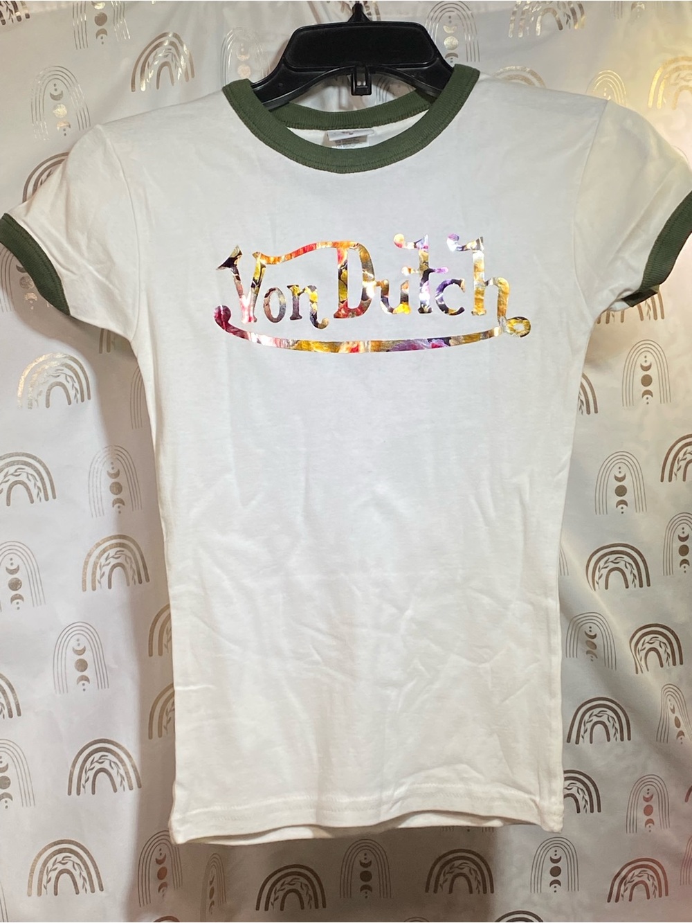 VD INSPO Betty Boop White Ringer Tee with Green Trim and Iridescent Logo
